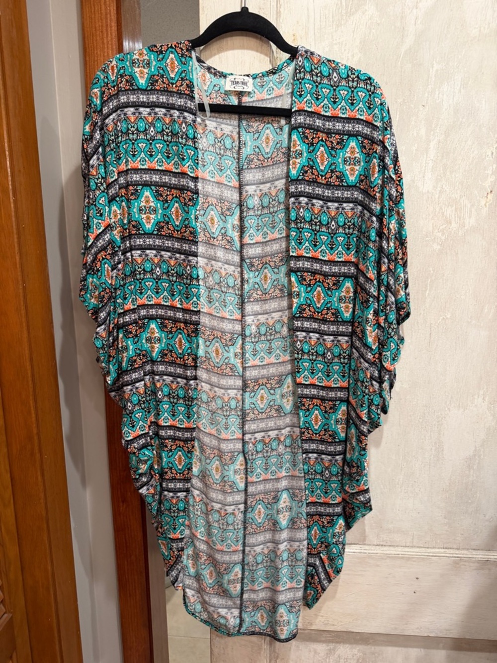 Open-Front Geometric Kimono Cardigan - Teal Multi
